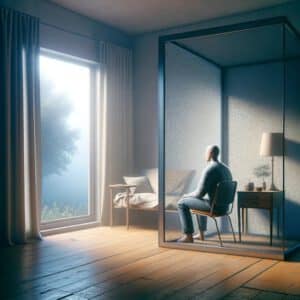 Eenzame persoon zittend in een glazen box kijkt uit het raam in een zonovergoten kamer.