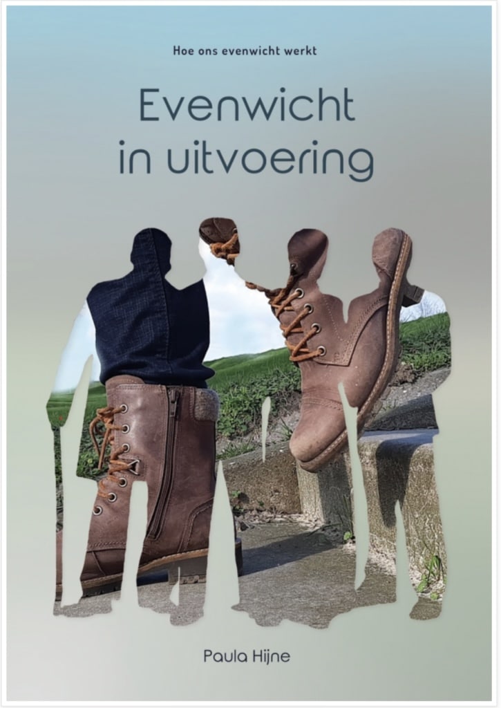 Boekcover 'Evenwicht in uitvoering' door Paula Hijne uitsnede van silhouet van personen en schoenen op een trap