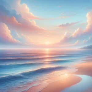 Vredige zonsondergang met roze lucht en reflecterende golven op een rustig strand.