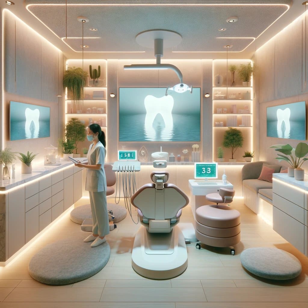 Een rustgevende tandartspraktijk met zachte verlichting, geluidsdichte muren, comfortabele stoelen, een kleine binnentuin met groene planten, en een wachtruimte met geluiddempende koptelefoons.