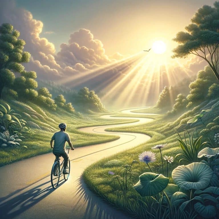 Een vredig en hoopvol beeld van herstel en aanpassing, met een figuur die op een zonovergoten pad fietst, omgeven door weelderig groen, richting een heldere horizon.