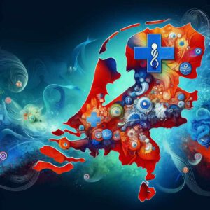 Dit is een abstracte weergave van een kaart van Nederland, gemarkeerd met gestileerde iconen in blauw en rood om medische centra aan te duiden die gespecialiseerd zijn in duizeligheid. Het ontwerp omvat levendige kleuren en dynamische abstracte patronen, die het ondersteuningsnetwerk symboliseren voor personen met duizeligheid.